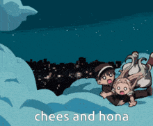 a cartoon of a boy and a girl with the words chees and hona