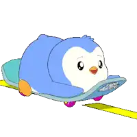 a cartoon penguin is riding a roller coaster on a track