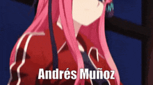 a girl with pink hair is wearing a red jacket and the name andres muñoz is written below her .