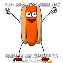 a cartoon hot dog with arms and legs is dancing and says `` finally my chance to get eaten out '' .