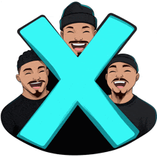 a cartoon drawing of three men with a blue x in the middle