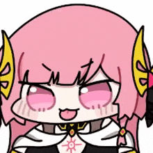 a cartoon drawing of a girl with pink hair and a yellow bow in her hair .