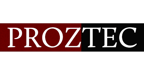 a red and black logo that says proztec in white letters