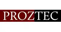 a red and black logo that says proztec in white letters