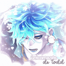 a drawing of a man with blue hair and the words " unicamente de todol " on the bottom