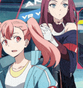 two anime girls are standing next to each other with a sign that says vr on it