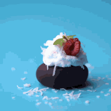 a person is decorating a dessert with strawberries whipped cream and coconut shavings