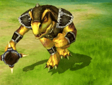 a video game character is standing in the grass holding a hammer