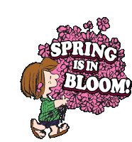 a cartoon of a girl holding a bouquet of flowers with the words spring is in bloom