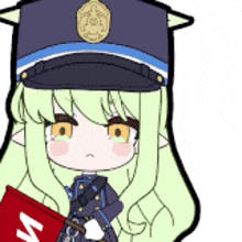 a girl with long green hair is wearing a police uniform and holding a red flag with the letter s on it .