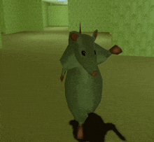 a cartoon rat is standing in a hallway with green wallpaper