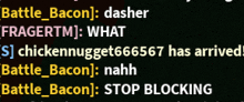 a screenshot of a text message between battle bacon and dasher