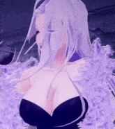 a woman with purple hair and a black bra