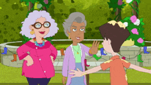 three cartoon characters are standing next to each other and one of them is waving