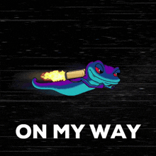 a cartoon lizard is flying through space with the words on my way below