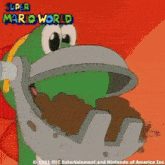 a poster for super mario world shows a cartoon character with a helmet on