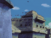 a painting of birds sitting on top of a building with a blue sky in the background