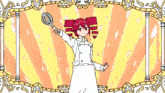 a cartoon drawing of a girl with red hair holding a mixer in her hand