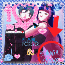 a picture of a man and a woman with the words " be mine forever " on it