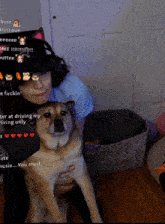 a woman is holding a dog with a purple background that says bute