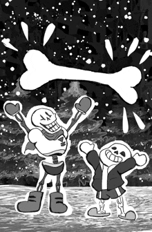 a black and white drawing of papyrus and sans holding a bone