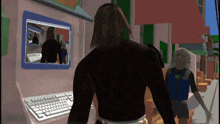 a computer generated image of a man standing in front of a computer keyboard