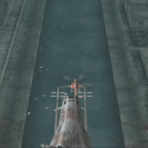a video game shows a plane flying through a tunnel with a large explosion in the background