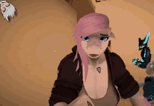 a cartoon character with pink hair and blue eyes has a heart tattoo on her chest
