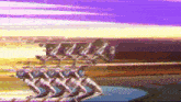 a purple and yellow background with a few lines of people moving