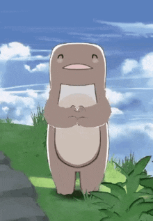a cartoon character is standing in the grass with his hands folded