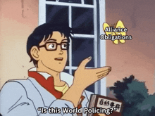 a cartoon of a man holding a book that says alliance obligations on it