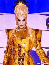 a drag queen is wearing a gold outfit and a crown on her head