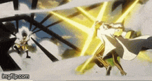 a man in a white robe is fighting another man in a white robe in an anime .