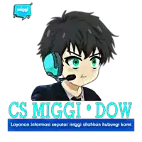 a logo for cs miggi dow with a cartoon character wearing headphones