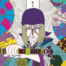 a drawing of a man holding a sword with the letter k on the top right