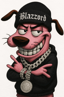 courage the cowardly dog is wearing a black beanie that says blazzard