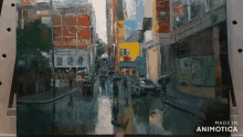 a painting of a city street with a yellow building in the background