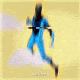 a cartoon of a man in a blue suit flying through the air