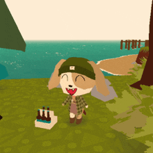 a cartoon dog wearing a green hat and a plaid shirt is standing next to a box of bottles