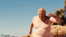 a naked man is running in the desert with a blue sky behind him