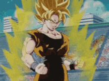 a pixel art of a cartoon character named goku with yellow hair