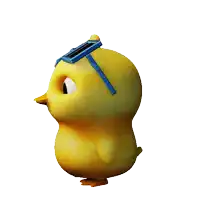 a yellow chicken wearing blue sunglasses on its head