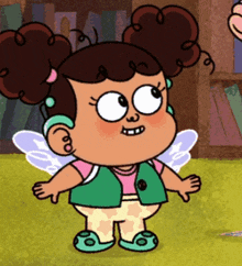 a cartoon girl with curly hair and wings is wearing a green vest