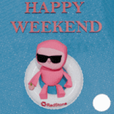 a card that says happy weekend with a pink character in a life preserver