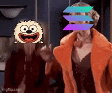 a woman in a fur coat is standing next to a cartoon character with a smiley face on it .