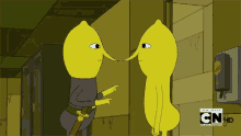 a cartoon of two lemons pointing at each other with cn hd written on the bottom right