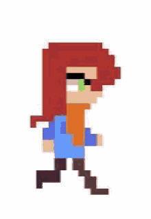 a pixel art of a girl with red hair and green eyes walking .