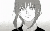 a black and white drawing of a girl with long hair and green eyes .