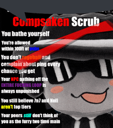 a picture of a stuffed animal with the words compsaken scrub on the top