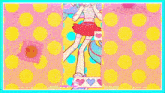 a girl in a red skirt is dancing on a yellow and pink background with polka dots .